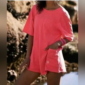 Free People Movement Hot Shot Tee Romper Womens S in Eletric Sunset Neon Pink